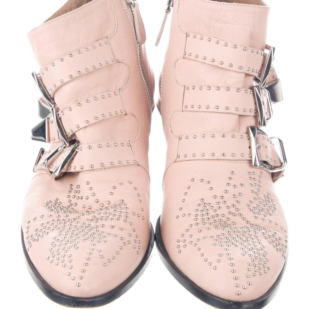 Chloe Suzanna Tinsel Stud Booties Motorcycle Pink Ankle Biker Boots 36.5 6.5